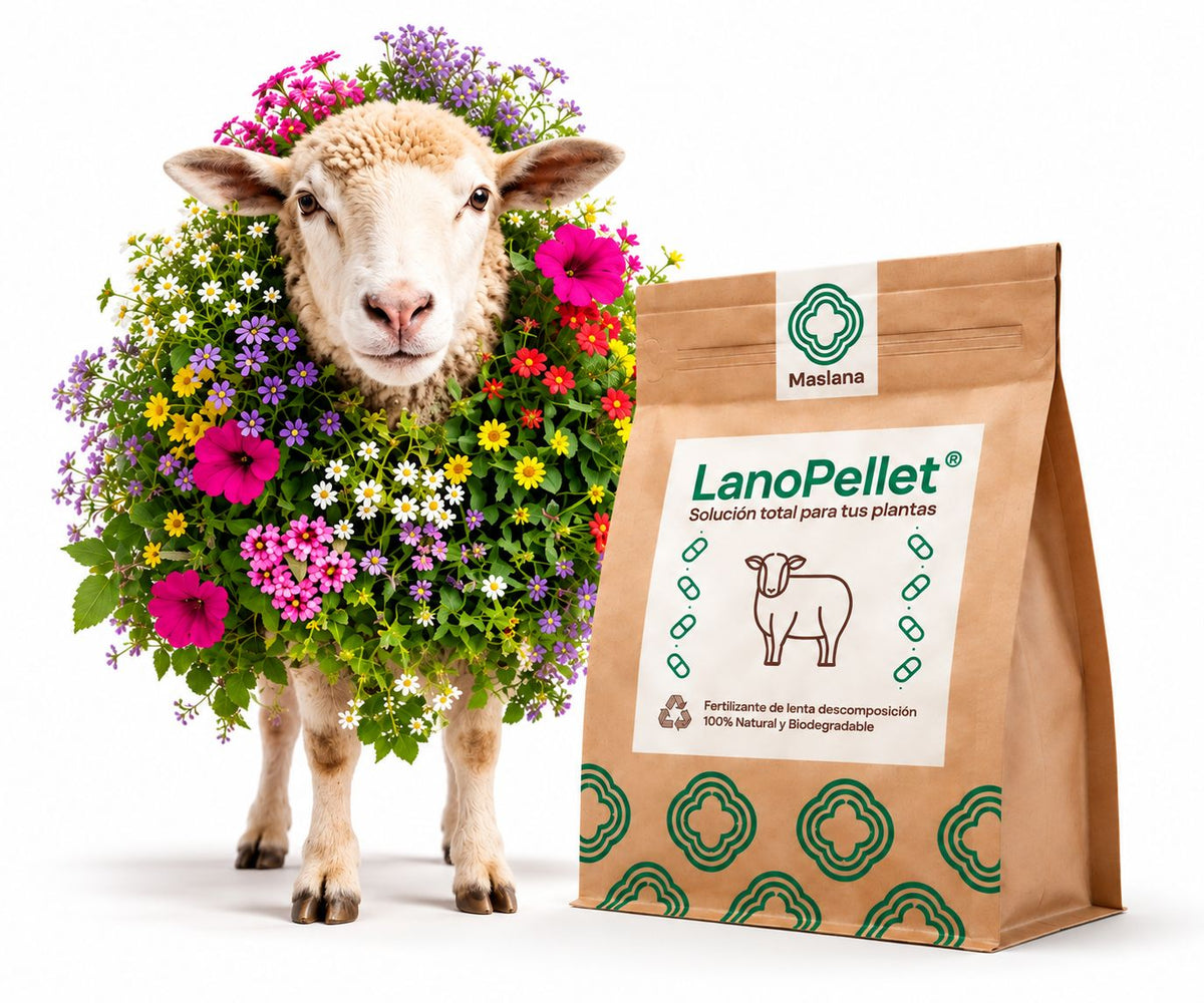 Bolsa kraft de LanoPellet®, abono natural de pellets de lana, junto a una oveja cubierta de flores